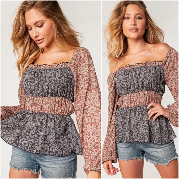 (45)New Women’s Charcoal And Rust Floral Long Sleeve Spring Blouse Top - Picture 3 of 3